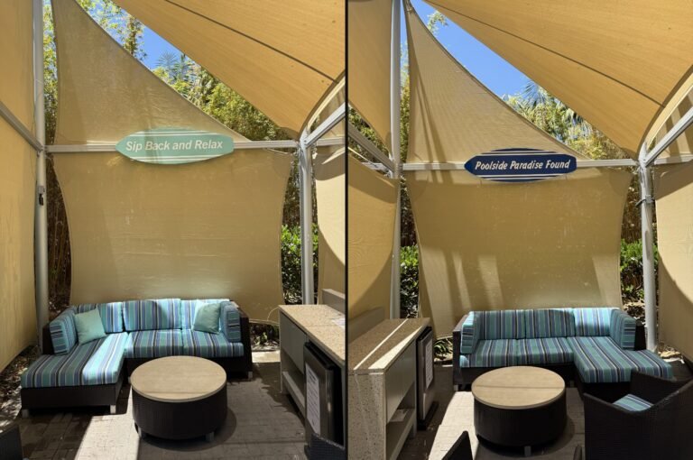 Sip back poolside paradise cabana surfboard signs