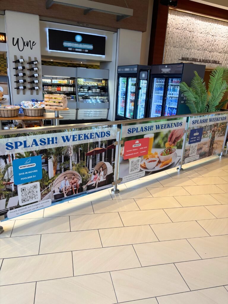 Window clings designed for summer seasons and pool reservations via QR code.